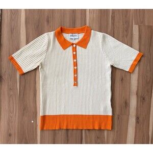 FRNCH Paris Orange & Cream Ribbed Knit Polo Sweater Top - Sz S